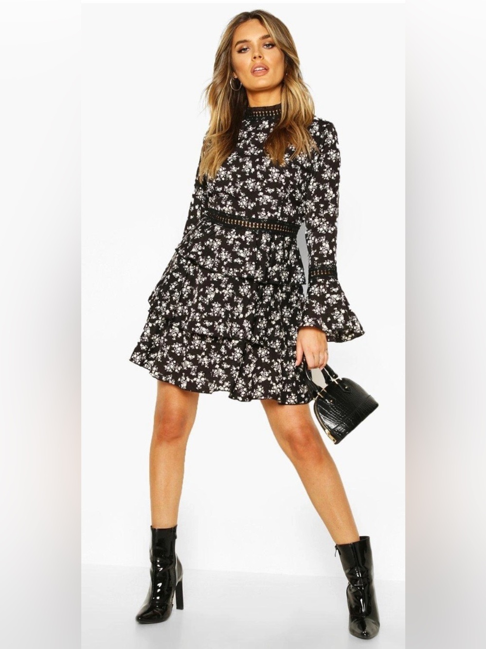 Boohoo High Neck Floral Tiered Skater Mini Dress Sz 12